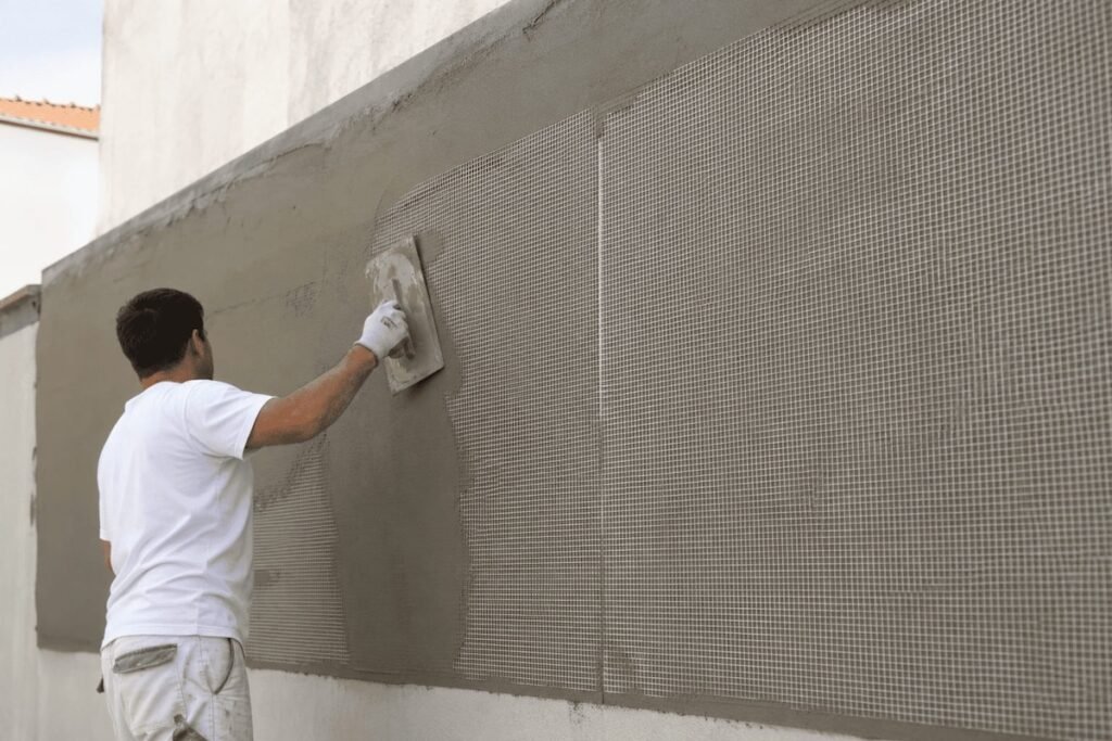 aplicação ou colagem integral de rede de fibra de vidro na reabilitação de fachadas de prédios